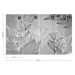 Fotótapéta GLIX - Modern Flowers Illustration Grey Nem szőtt tapéta - 416x254 cm