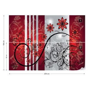 Fotótapéta GLIX - Modern Virágos Design Ezüst És Piros Papír tapéta - 254x184 cm