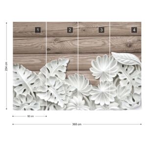 Fotótapéta GLIX - Vintage Elegáns 3D Faragott Fehér Virágok Fa Deszka Textúra Nem szőtt tapéta - 368x254 cm
