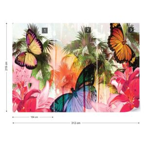 Fotótapéta GLIX - Pillangók Palms Virágok Modern Trópusi Nem szőtt tapéta - 312x219 cm
