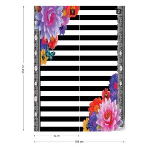 Fotótapéta GLIX - Színes Virágok Fekete-Fehér Csíkok Papír tapéta- 184x254 cm