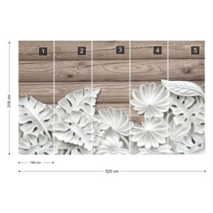 Fotótapéta GLIX - Vintage Elegáns 3D Faragott Fehér Virágok Fa Deszka Textúra Nem szőtt tapéta - 520x318 cm