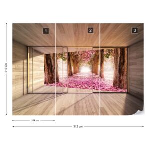 Fotótapéta GLIX - Erdő Rózsaszín Virág 3D Modern Ablak Nézet Nem szőtt tapéta - 312x219 cm