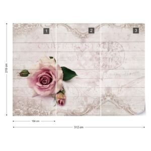Fotótapéta GLIX - Rózsaszín Rózsa Vintage Design Fehér Fa Textúra Nem szőtt tapéta - 312x219 cm