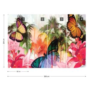 Fotótapéta GLIX - Pillangók Palms Virágok Modern Trópusi Nem szőtt tapéta - 368x254 cm