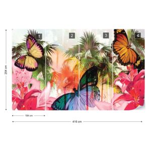 Fotótapéta GLIX - Pillangók Palms Virágok Modern Trópusi Nem szőtt tapéta - 416x254 cm
