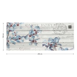Fotótapéta GLIX - Kék Virágok Fa Deszka Textúra Vintage Forgatókönyvet Parasztház Elegáns Nem szőtt tapéta - 250x104 cm