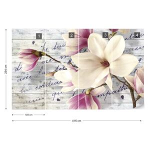 Fotótapéta GLIX - Magnolia Virágok Vintage Forgatókönyvet Fa Textúra Nem szőtt tapéta - 416x254 cm