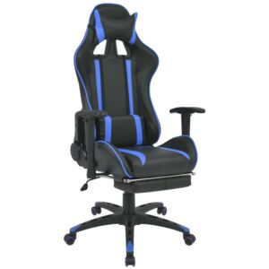 Kék dönthető versenyautó ülés alakú irodai szék lábtartóval