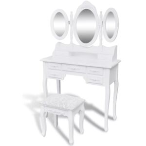 Fehér fésülködőasztal 3 tükörrel és zsámollyal