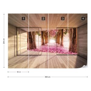 Fotótapéta GLIX - Erdő Rózsaszín Virág 3D Modern Ablak Nézet Papír tapéta - 368x254 cm
