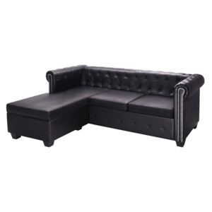 L-alakú fekete műbőr Chesterfield kanapé