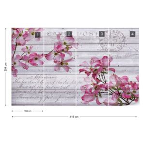 Fotótapéta GLIX - Rózsaszín Virágok Fa Deszka Textúra Vintage Forgatókönyvet Parasztház Elegáns Nem szőtt tapéta - 416x254 cm
