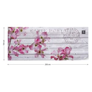 Fotótapéta GLIX - Rózsaszín Virágok Fa Deszka Textúra Vintage Forgatókönyvet Parasztház Elegáns Nem szőtt tapéta - 250x104 cm