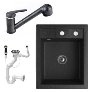 Gránit Mosogató NERO Parma + kihúzható zuhanyfejes Shower csaptelep + dugókiemelő + szifon (fekete)