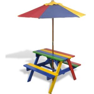 Gyerek piknikasztal paddal és színes fa napernyő