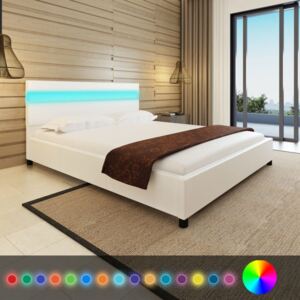 Fehér műbőr ágy LED-del 160 x 200 cm