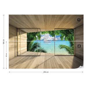 Fotótapéta GLIX - Trópusi Tengerpart 3D Modern Ablak Nézet Papír tapéta - 254x184 cm