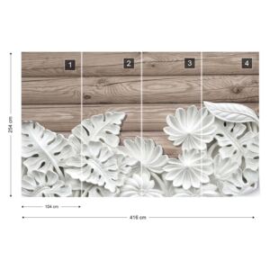 Fotótapéta GLIX - Vintage Elegáns 3D Faragott Fehér Virágok Fa Deszka Textúra Nem szőtt tapéta - 416x254 cm
