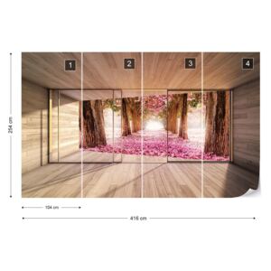 Fotótapéta GLIX - Erdő Rózsaszín Virág 3D Modern Ablak Nézet Nem szőtt tapéta - 416x254 cm