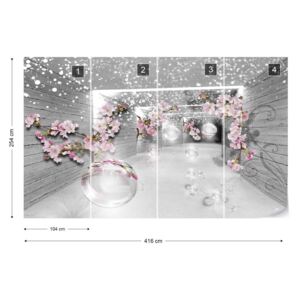 Fotótapéta GLIX - 3D Alagútban Virágok Sparkles Buborékok Nem szőtt tapéta - 416x254 cm
