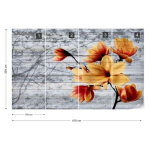 Fotótapéta GLIX - Magnolia Virágok Parasztház Elegáns Vintage Fa Deszka Textúra Kék Nem szőtt tapéta - 416x254 cm