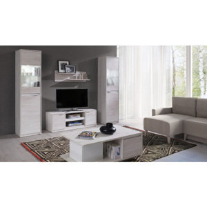 Nappali Fal KOLOREDO 2 + LED - TV szekrény RTV2D + 2x Vitrines Szekrény s LED + Dohányzó asztal + polc, fehér tölgy/magasfényű fehér