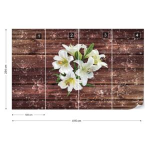Fotótapéta GLIX - Fehér Virágok Fa Deszka Textúra Nem szőtt tapéta - 416x254 cm