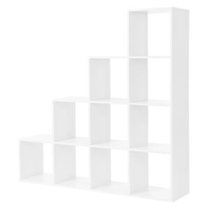 Könyvespolc, lépcsők, 10 kocka rekesz, 129,5 x 29 x 129,5 cm