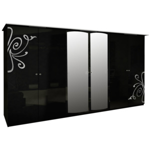 Hat ajtós szekrény GLOE tükörrel, 274x212,5x63, magasfényű fekete