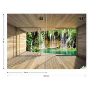 Fotótapéta GLIX - Vízesés Tó 3D Modern Ablak Nézet Tapet nețesute - 208x146 cm