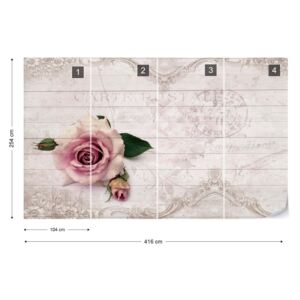 Fotótapéta GLIX - Rózsaszín Rózsa Vintage Design Fehér Fa Textúra Nem szőtt tapéta - 416x254 cm