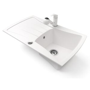 Gránit mosogatótálca NERO Venezia + kihúzható zuhanyfejes Shower csaptelep + dugókiemelő (fehér)