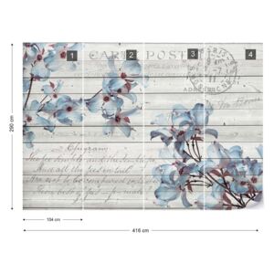 Fotótapéta GLIX - Kék Virágok Fa Deszka Textúra Vintage Forgatókönyvet Parasztház Elegáns Nem szőtt tapéta - 416x290 cm