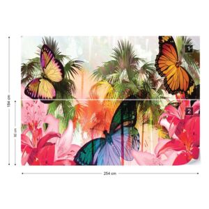 Fotótapéta GLIX - Pillangók Palms Virágok Modern Trópusi Nem szőtt tapéta - 254x184 cm