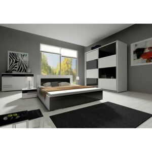 KAYLA II hálószoba összeállítás (2x éjjeliszekrény, komód, szekrény 200, ágy 140x200 cm), fehér/magasfényű fehér