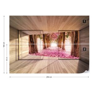 Fotótapéta GLIX - Erdő Rózsaszín Virág 3D Modern Ablak Nézet Nem szőtt tapéta - 254x184 cm