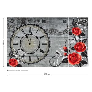Fotótapéta GLIX - Óra És A Rózsa Vintage Fa És Virág Rajzolatú Nem szőtt tapéta - 416x254 cm