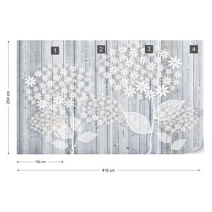 Fotótapéta GLIX - Illustrated Virágos Design Világoskék Fa Deszka Textúra Nem szőtt tapéta - 416x254 cm