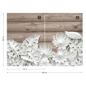 Fotótapéta GLIX - Vintage Elegáns 3D Faragott Fehér Virágok Fa Deszka Textúra Tapet nețesute - 208x146 cm
