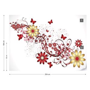 Fotótapéta GLIX - Modern Design Piros Virágok És Lepkék Nem szőtt tapéta - 254x184 cm