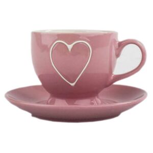 Rózsaszín kerámia csésze aljjal szív dekorral - 200 ml