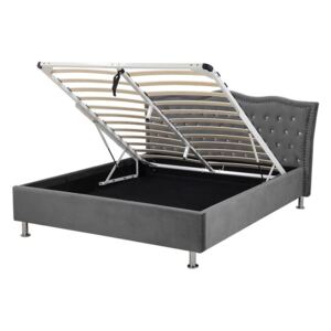 Chesterfield Stílusú Sötétszürke Bársony Franciaágy Ágyneműtartóval 140 x 200 cm METZ