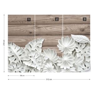 Fotótapéta GLIX - Vintage Elegáns 3D Faragott Fehér Virágok Fa Deszka Textúra Nem szőtt tapéta - 312x219 cm