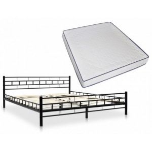 Négyzetmintás fekete fém ágy memóriahabos matraccal 180x200 cm