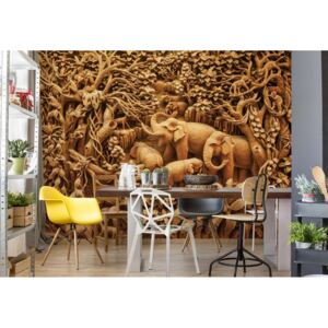 Fotótapéta GLIX - 3D Faragott Fa Dzsungel Elefántok Szépia Tapet nețesute - 208x146 cm
