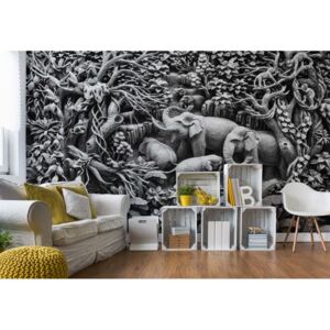Fotótapéta GLIX - 3D Faragott Fa Dzsungel Elefántok Fekete És Fehér Tapet nețesute - 208x146 cm