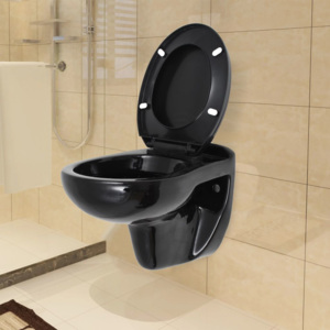 Fekete kerámia fali WC lágyan csukódó fedéllel