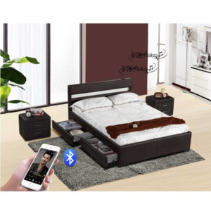 Luxus modern ágy RGB LED világítással, BLEUTOOTH hangszóróval , fekete textilbőr, FABALA