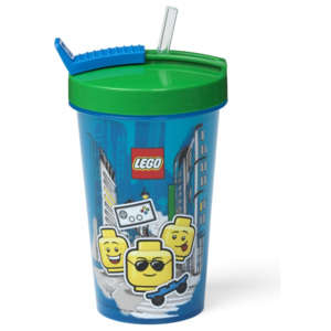 Iconic kék pohár zöld fedéllel és szívószállal, 500 ml - LEGO®
